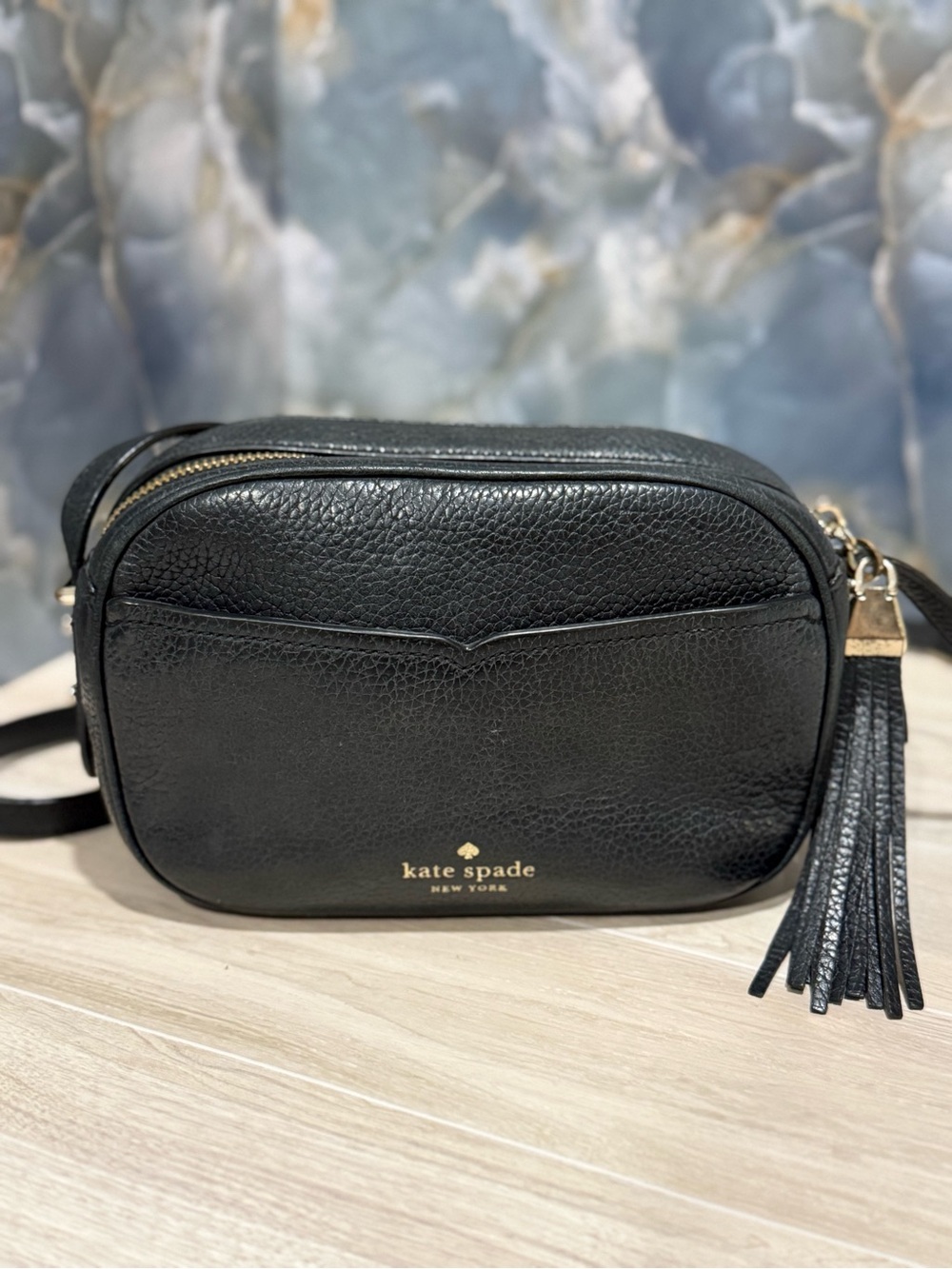 kate spade Black Pebbled Leather Camera Crossbody with Tassel